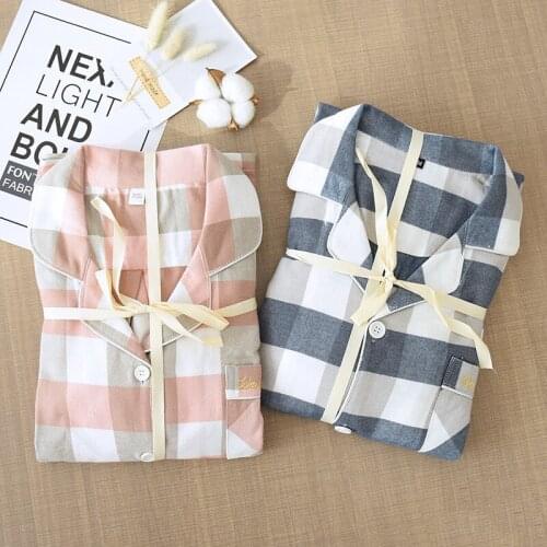Fdfklak Spring New Pajama Set Plaid 100% Cotton Couple Sleepwear Turn-Down Collar Household Wear Casual Wear Home Clothes