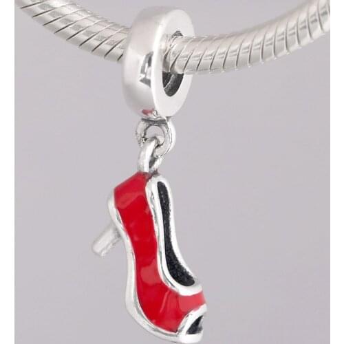 Original Red Enamel High-heeled Shoes Stiletto Pendant Beads Fit 925 Sterling Silver Charm Bracelet Bangle DIY Jewelry