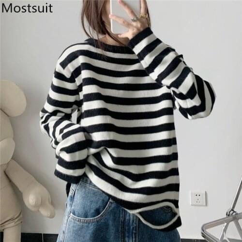 Striped Knitted Sweater Pullover Women Autumn Winter Shoulder Hollow Open O-neck Loose Knitwear Casual Fashion Korean Jumpers