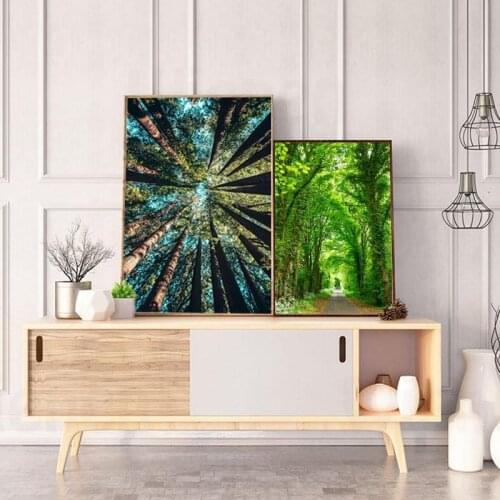 Natural Fresh Sunshine Canvas Painting Green Tree Poster Forest Landscape Wall Art Pictures for Living Room Background Home Deco