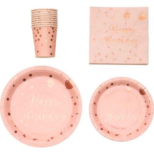 Rose Pink Disposable tableware happy birthday party supplies baby shower kids party decoration pink dot paper plate cup napkin