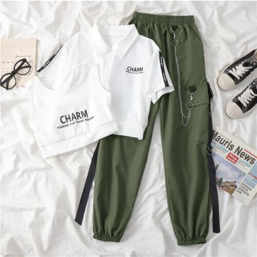 Dark overalls womens thin loose loose little student Harajuku suit short-sleeved tops vest harem pants three-piece trend y2k