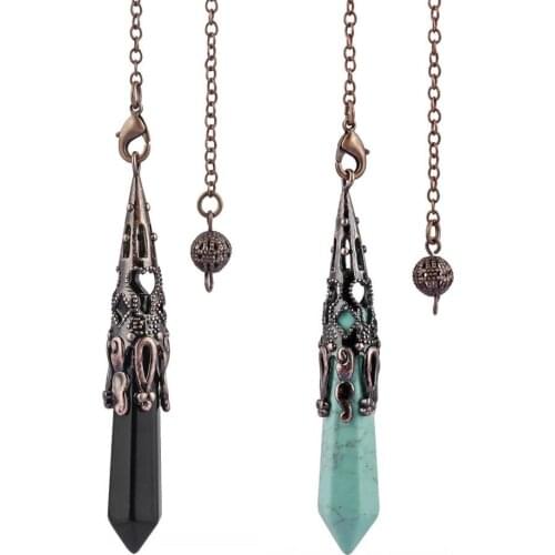 TUMBEELLUWA Natural Gem Stone Hexagonal Column Pendulum for Dowsing Divination Crystal Pendant Antique Chain Reiki Wicca Jewelry