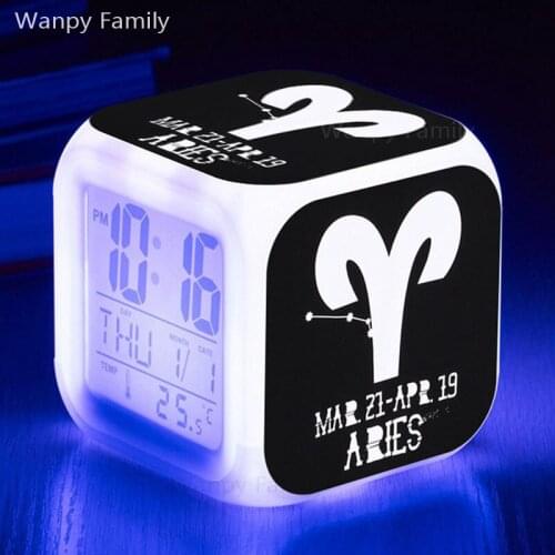 Twelve Constellations Aries Alarm Clock 7 Color LED Glowing Digital Clock For Kids Birthday Gift Multifunction Electronic Clock