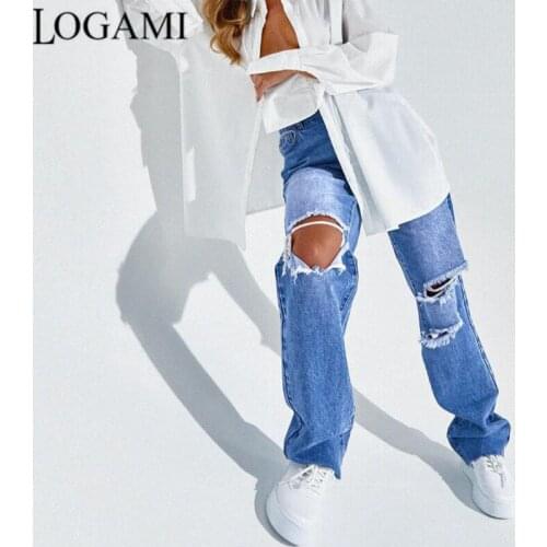 LOGAMI Knee Ripped Jeans for Women High Waist Distressed Boyfriend Jeans Womans Straight Denim Pants