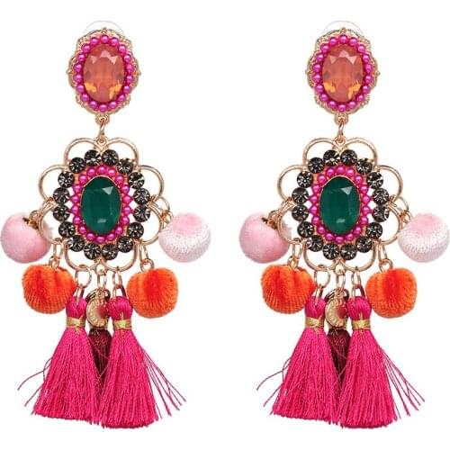 2021 New Ethnic Drop Hairball Earring Handmade Tassel Big Earring Dangle Bohemian Large Long Brinco Printing Ear Oorbellen