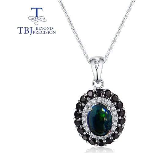 TBJ, Nautral Black opal pendant oval 7*9mm natural gemstone necklace pendant 925 sterling silver for women gift
