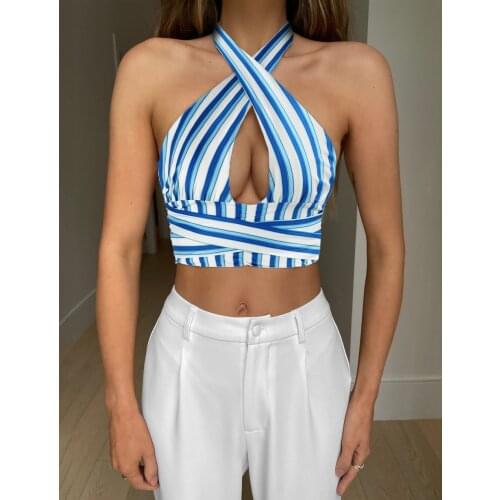 Puloru Women Summer Halter Tank Tops Simple Style Deep V Neck Low-Cut Striped Crop Tops Ladies Backless Cross Strap Vest