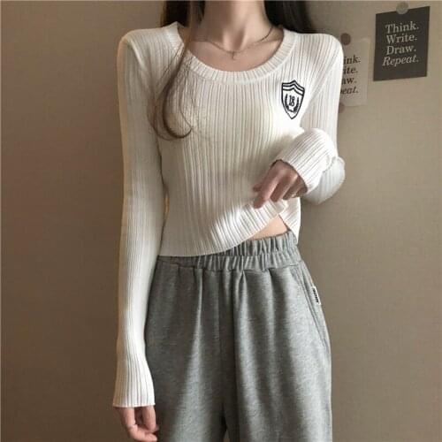 Spring Autumn Fashion Woman Sweaters High Waist Short Midriff-Baring Top O-Neck Tight Sexy Long Sleeve Knitted Pullover T-shirt