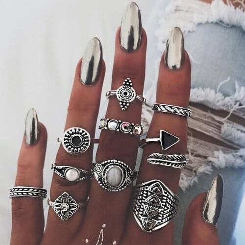 10 pcs/set Vintage Silver Color Midi Finger Rings Set for Women Punk Knuckle Party Antique Rings Boho Christmas Gift YWHZ42855