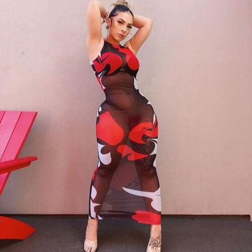 2021 New Style Women Casual Sleeveless Long Dress Sexy Printing Mesh Yarn Perspective High Waist Skinny Dress Summer