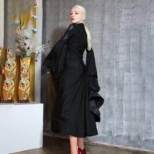 Latin Dance Dress Women TL666 Black Lotus Sleeve Arm Hole Design Performance Costume Dancing Cloth Belly Chacha Ballroom Dresses