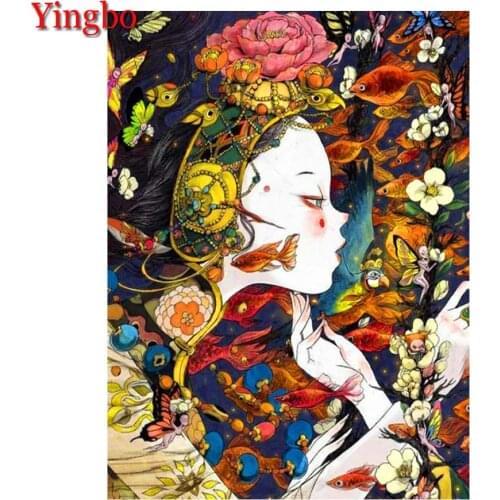 Needlework 5D Diy Diamond Painting cartoon japanese girl with flowers Full Square Cross Stitch Diamond Embroidery Round Drill