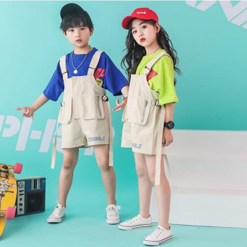 Childrens Hip Hop Street Dance Clothes Boys Loose Short Sleeves T-shirt One-piece Pant Costumes Girls Jazz Dance Set MAY1049