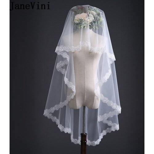 JaneVini 2018 Soft Tulle Ivory Bridal Veils with no Comb One Layers Sequins Appliques Edge Wedding Veil Bride Accessories Lange