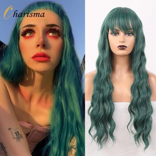 Charisma Synthetic Wig with Bangs Long Wavy Hair Green wigs for Women Heat Resistant Fiber No Lace Wig Cosplay Wigs