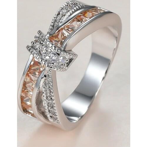 Champagne Crystal Zircon Crossed Ring Vintage Fashion Silver Color Rings For Women Wedding Jewelry Vintage Fashion Promise Ring