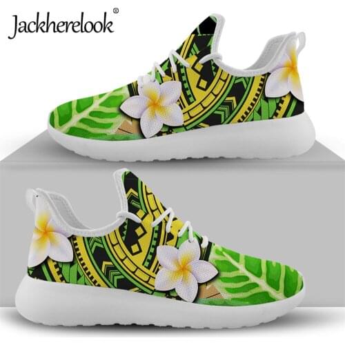 Jackherelook Polynesian Tribal Hibiscus Plumeria Print Women Knitting Sneakers Casual Lace Up Flats Shoes Breathable Footwear
