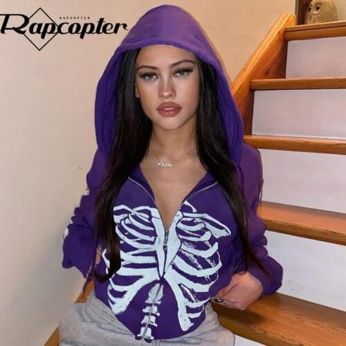 Rapcopter Vintage Print Hooded Jackets y2k Aesthetic Coat Long Sleeve Outwear Zipper Pockets Casual Sporty Top Women Fall Winter