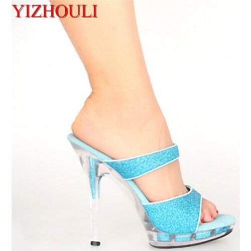Summer fashion leather open-toe 13 cm sexy sandals, sequined uppers, high heel model slippers