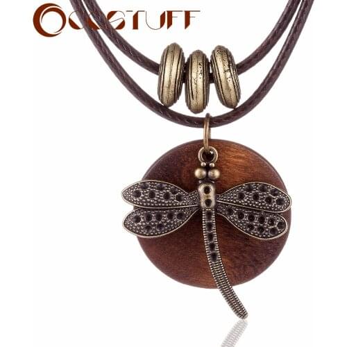 Fashion Choker Woman Necklaces Vintage Jewelry Dragonfly Wooden Pendant Long Necklace for Women Collares mujer kolye Suspension