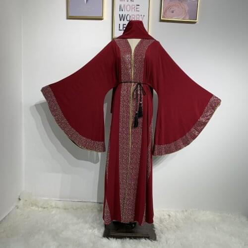 Donsignet Muslim Dress Women Solid Color Diamonds Robe Muslim Fashion Elegance Dubai Abaya Turkey Long Dress Belt Saudi Arabia