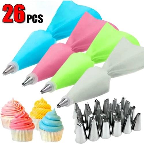 26Pcs/8Pcs Set Silicone Pastry Bag Tips Kitchen DIY Cake Cream Decorating Tools Reusable Pastry Bags+24 Nozzle Set Resin Mold