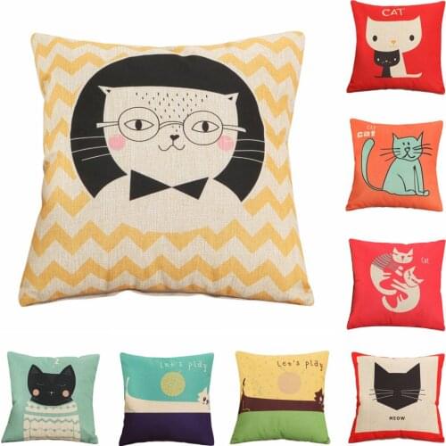 18" Cartoon Animal Cat Printed Square Cotton Linen Throw Pillow Case Cute Cat Pattern Home Decorative Cushion Covers