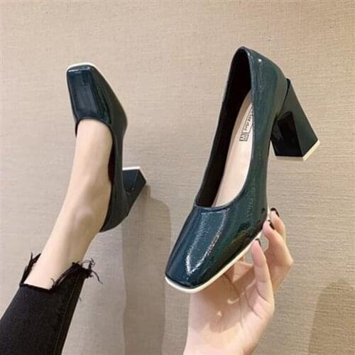 2021 New High Heels Designer Women Shoes Brand Patent Leather Shoes Woman Square Toe Elegant Heels Fashion Ladies Dress Shoes