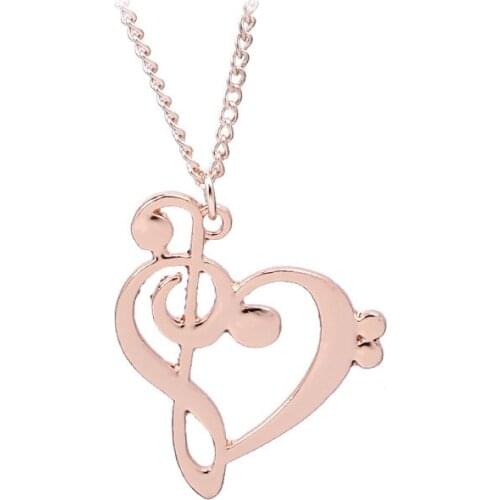 New Fashion Women Rose Gold Jewelry Cute Bass Clef Heart of Treble Clef Music Note Symbol Infinity Heart Pendant Necklace