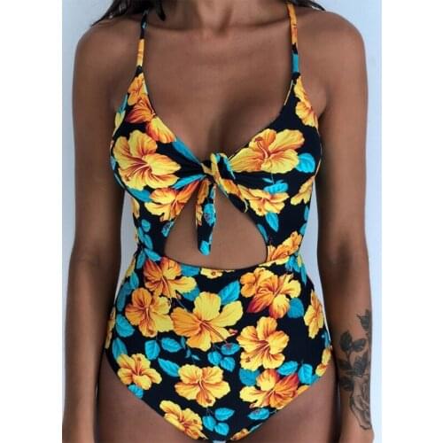 New Floral Print Swimsuit Summer Bandage Swimwear Women Push Up Bathing Suit One Piece Beachwear Front Konted Bodysuit Monokini