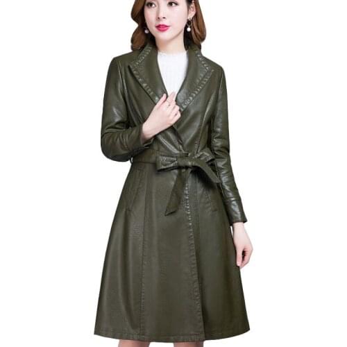 2020 Autumn PU Leather Long Jacket New Spring Women Loose Belt PU Leather Coat Casual Windbreaker Female Jacket Plus Size P610