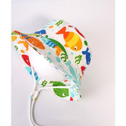 Bucket Hat Summer Sun Hat Boy Girl Beach With Strap White Fish Holiday Outdoor Accessory For Kids Spring