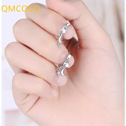 QMCOCO 925 Silver Creative Design Exquisite Star Moon Cross Pendant Earrings Woman Korean Fashion Short Earring For Girl Jewelry
