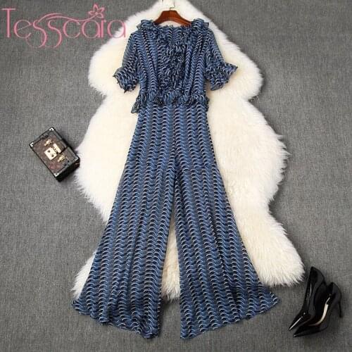 TESSCARA Women Runway Designer Elegant Chiffon Pant Suit Set High Quality Vintage Ruffle Party Two-piece Suits Casual Pants Sets