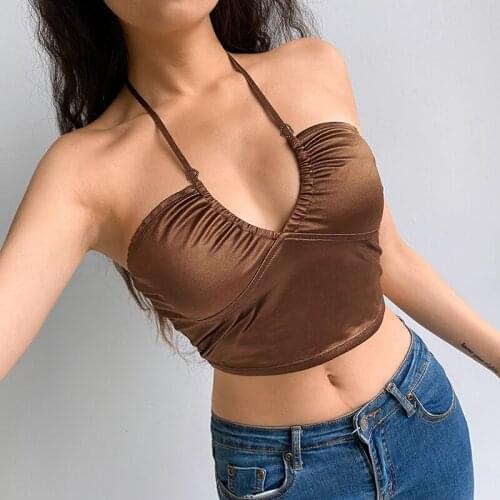Halter Crop Top Women Sexy Strappy Brown Y2K Summer Backless Cami Tops Tees Ladies Fitness Camisole Party clothes punk mall bar