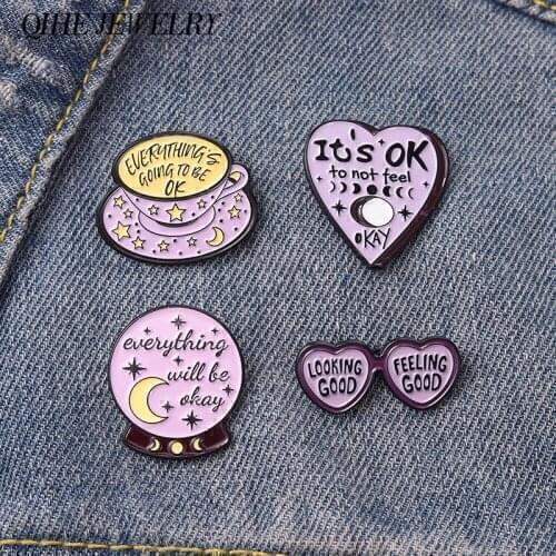 Inspirational Quotes Enamel Pin Purple Witch Crystal Moon Phase Coffee Cup Heart Glasses Brooches Chin Up Badges for Friends