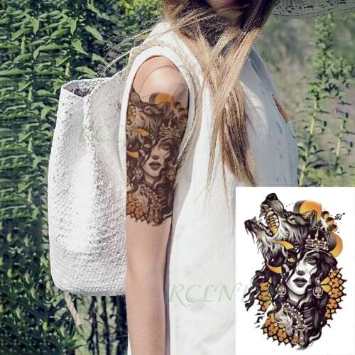 Waterproof Temporary Tattoo Sticker Roaring Wolf Moon Sexy Long Hair Girl Totem Fake Tatto Flash Tatoo for Men Women