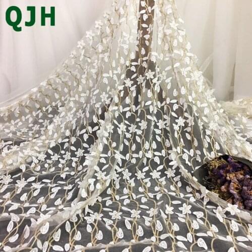 High quality white lace gold thread embroidery fabric water soluble African lace fabrics tulle net for wedding dress trim cloth