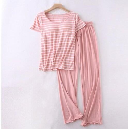 Womens Summer Striped Cotton Belt Chest Pad Home Clothing Short-sleeved Trousers Pajamas Suit Loose Plus Size Lingere 2021