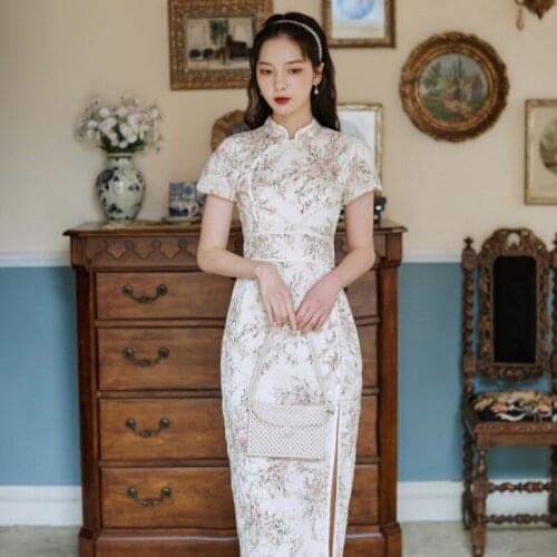 Women Vintage Flower print Cheongsam Dress 2021 Summer New Improved Modern Chic Girl Elegant Style Qipao Dress