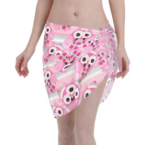 Womens Swim Wear Bikini Cover Up Cute Pink Owls Beach Mini Wrap Skirt Sarong Pareo Shorts Summer Beachwear