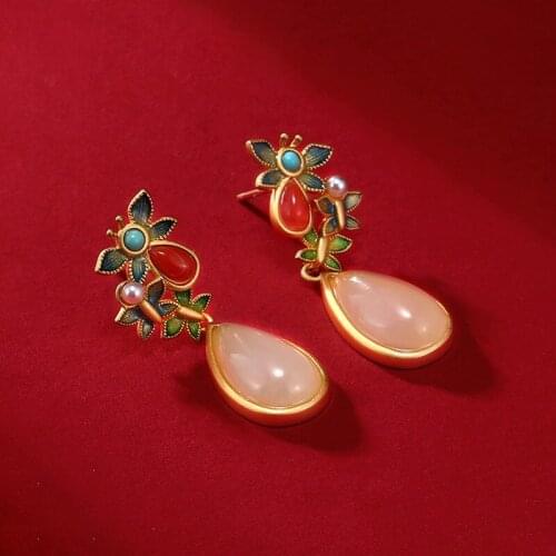 New Fashion Luxury 14k gold real gold Drop Earrings Wedding Bridal Accessories Shining Zircon Elegant Women jade Jewelry Ethnic