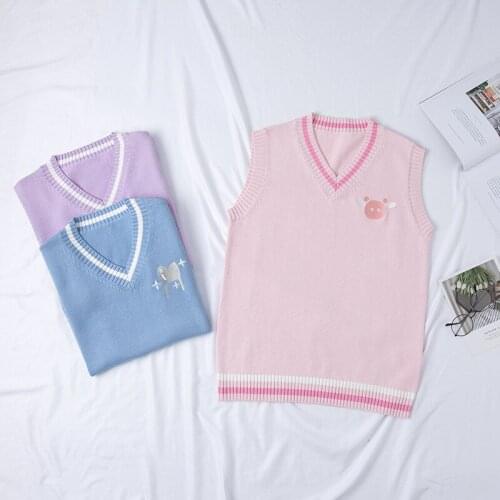 Cute Embroidery Womens Knitted Vest Loose Sweater Pullovers Fall,Winter Tanks Cute Girls JK School Uniform Preppy Style