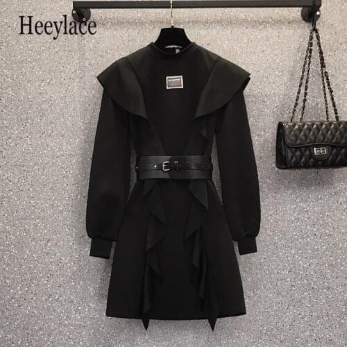 Plus Size Women Autumn Winter Ruffles Patchwork Dress Long Sleeve High Waist Black Party Dress Korean Streetwear Femme Robe 4XL