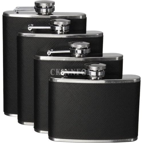 100Pcs/Lot 4-8oz Outdoor Anti-slip Black Leather Skin Portable Liquor Wine Whisky Hip Flask Stainless Steel Flagon