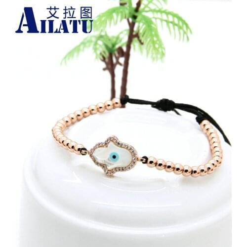 Ailatu New Design 4mm Copper Beads with Micro Inlay Zircon Hamsa Hand Fatima Shell Eye Cz Charm Mens Macrame Braided Bracelet