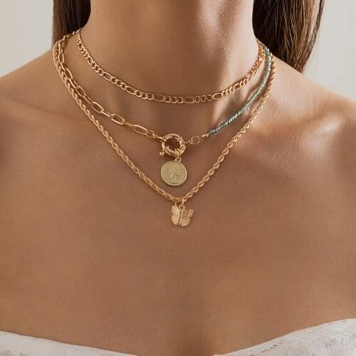 AENSOA 2021 Vintage Multilayer Butterfly Portrait Coin Pendant Metal Choker Necklace Fashion Women Golden Chain Layered Necklace