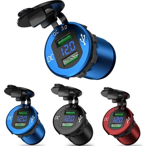 Quick Charge 3.0 Dual USB Car Charger Waterproof Socket Aluminum Power Outlet Fast Charge with LED Voltmeter for 12V 24V