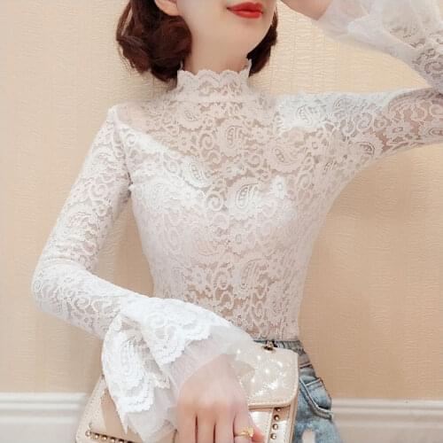 Blouse Women Lace Women Net Falbala Turtleneck Flare Sleeve Tight Sexy Top Blusas Mujer De Moda